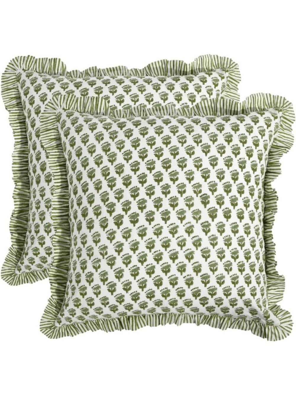 Emerald Green Block Print Ruffle Throw Pillow Covers - 100% Cotton, 24"x24", Set